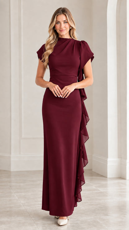 Front view of rich burgundy draped high neck ruffle evening maxi dress