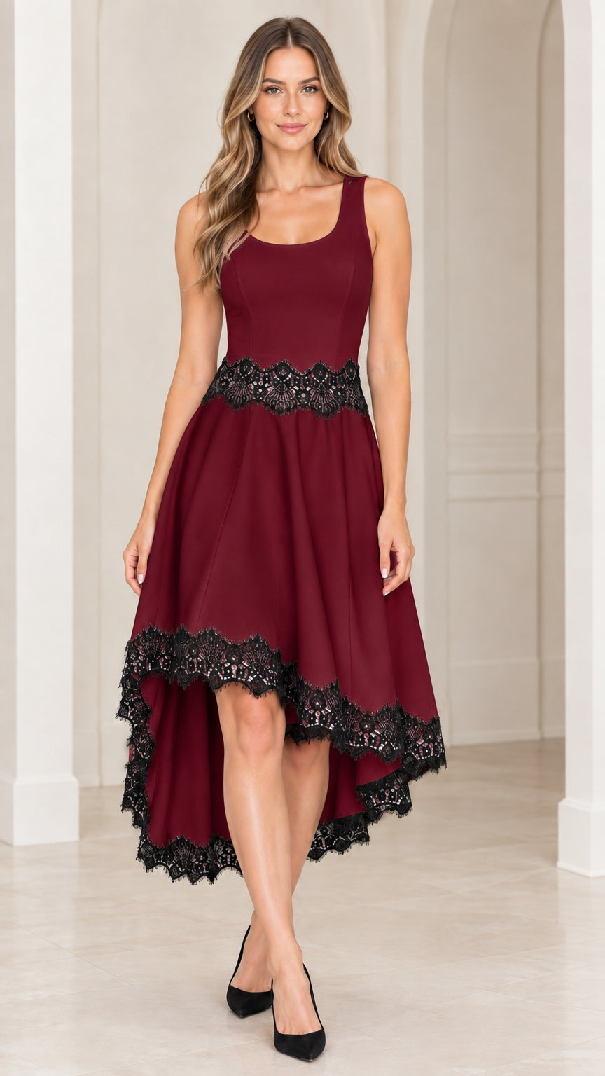 Front view of burgundy red sleeveless high-low cocktail dress with black lace trim