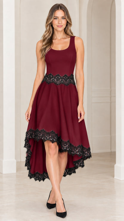 Front view of burgundy red sleeveless high-low cocktail dress with black lace trim