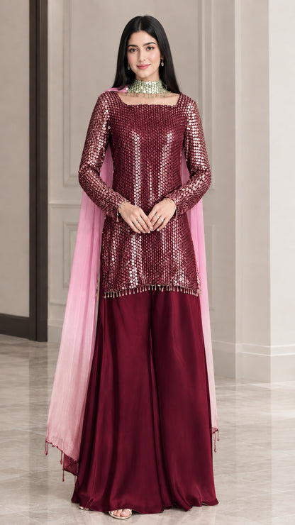 Front view of burgundy sequin kurti and matching wide-leg trousers set