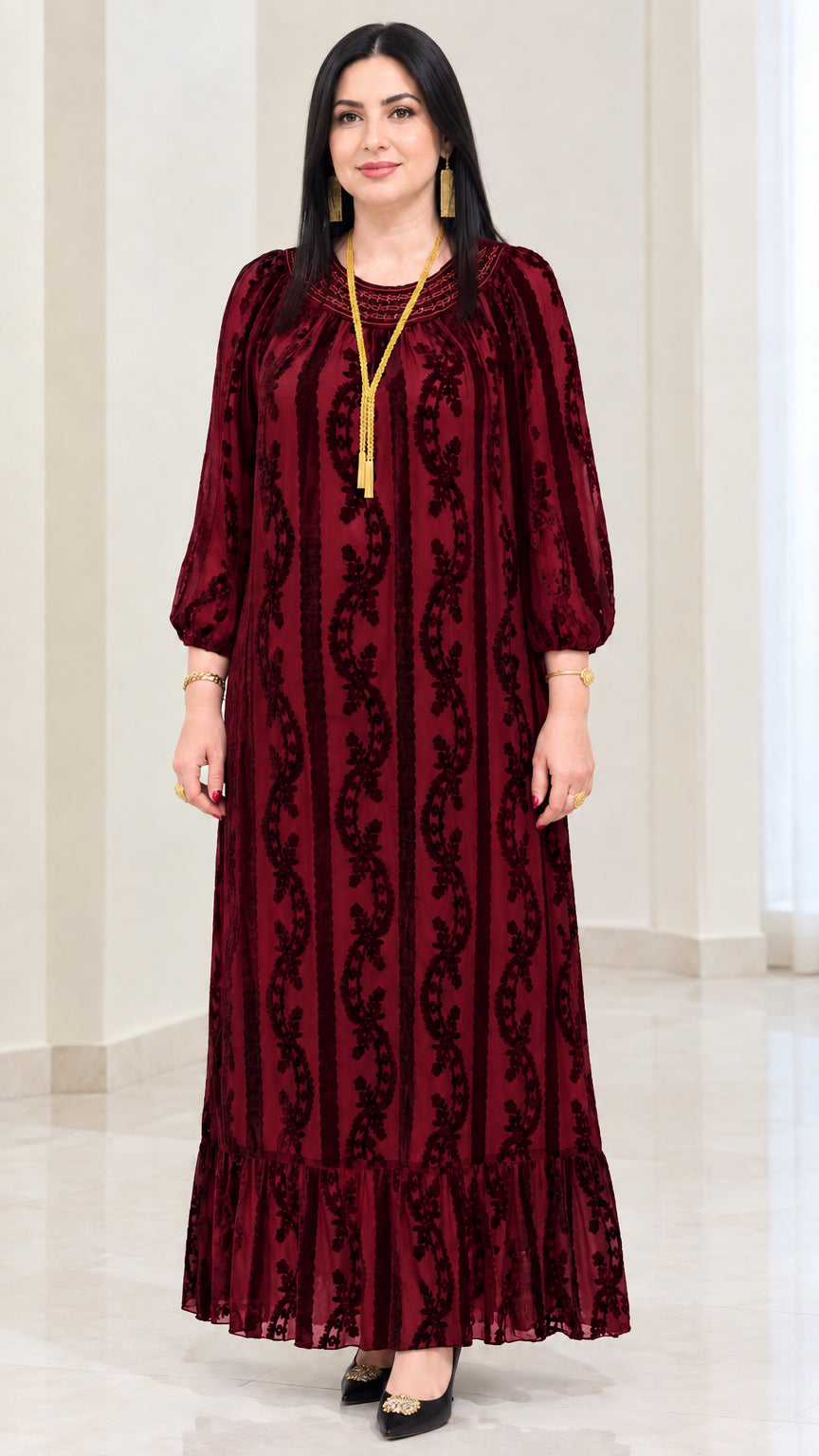 Burgundy wine red flocked velvet evening maxi dress