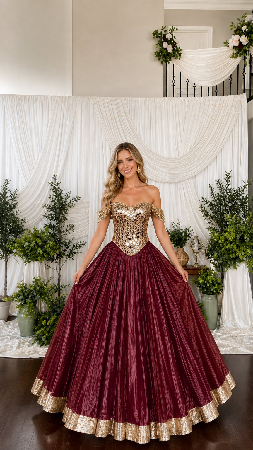 Model wearing deep burgundy pleated ball gown with gold mirror-detailed corset bodice