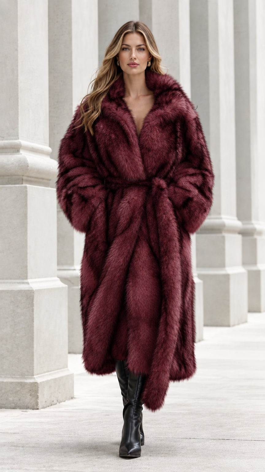 Model wearing long belted faux fur coat in Burgundy