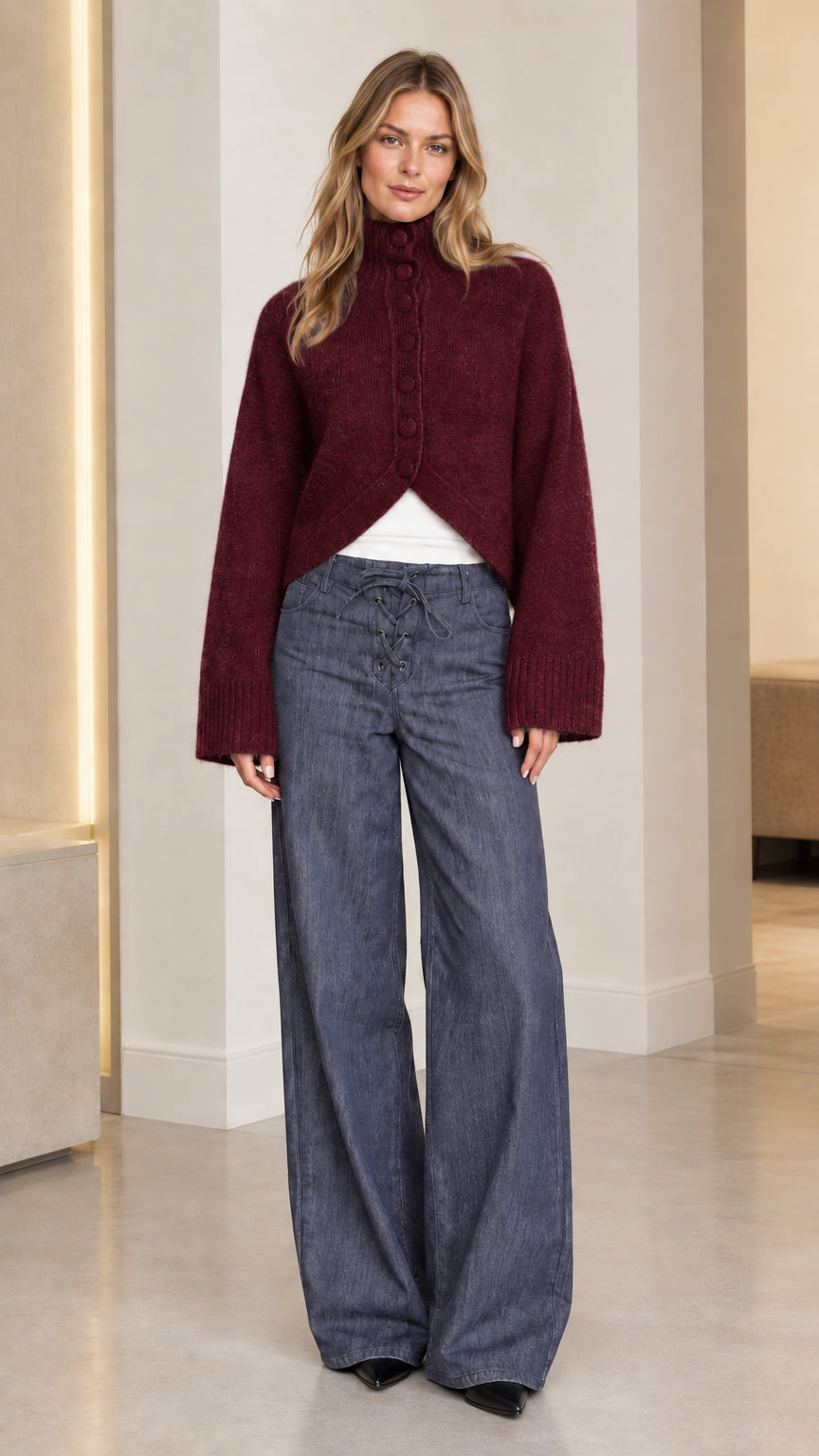 Women's burgundy high neck buttoned knit cardigan with flared split hem