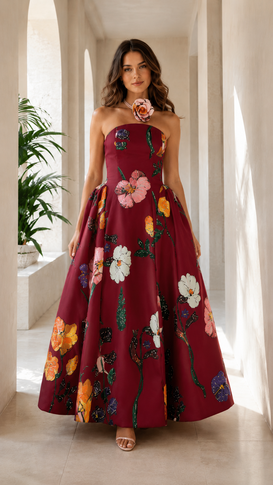 Front view of burgundy strapless floral ball gown maxi dress