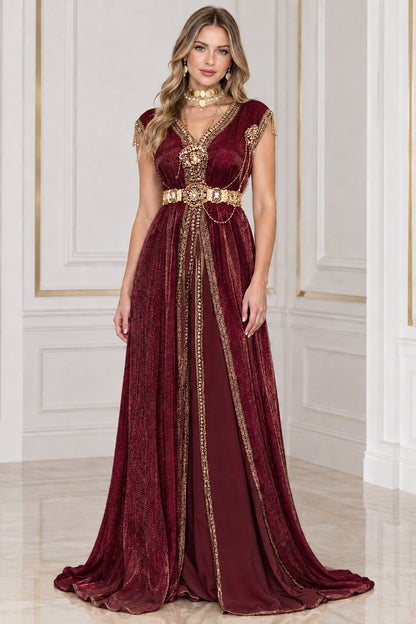 Burgundy Metallic Pleated Kaftan Maxi Dress with intricate gold trim