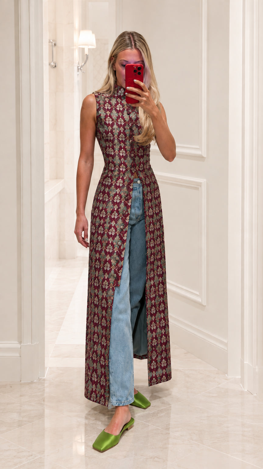 Model wearing burgundy wine red jacquard mandarin collar long tunic