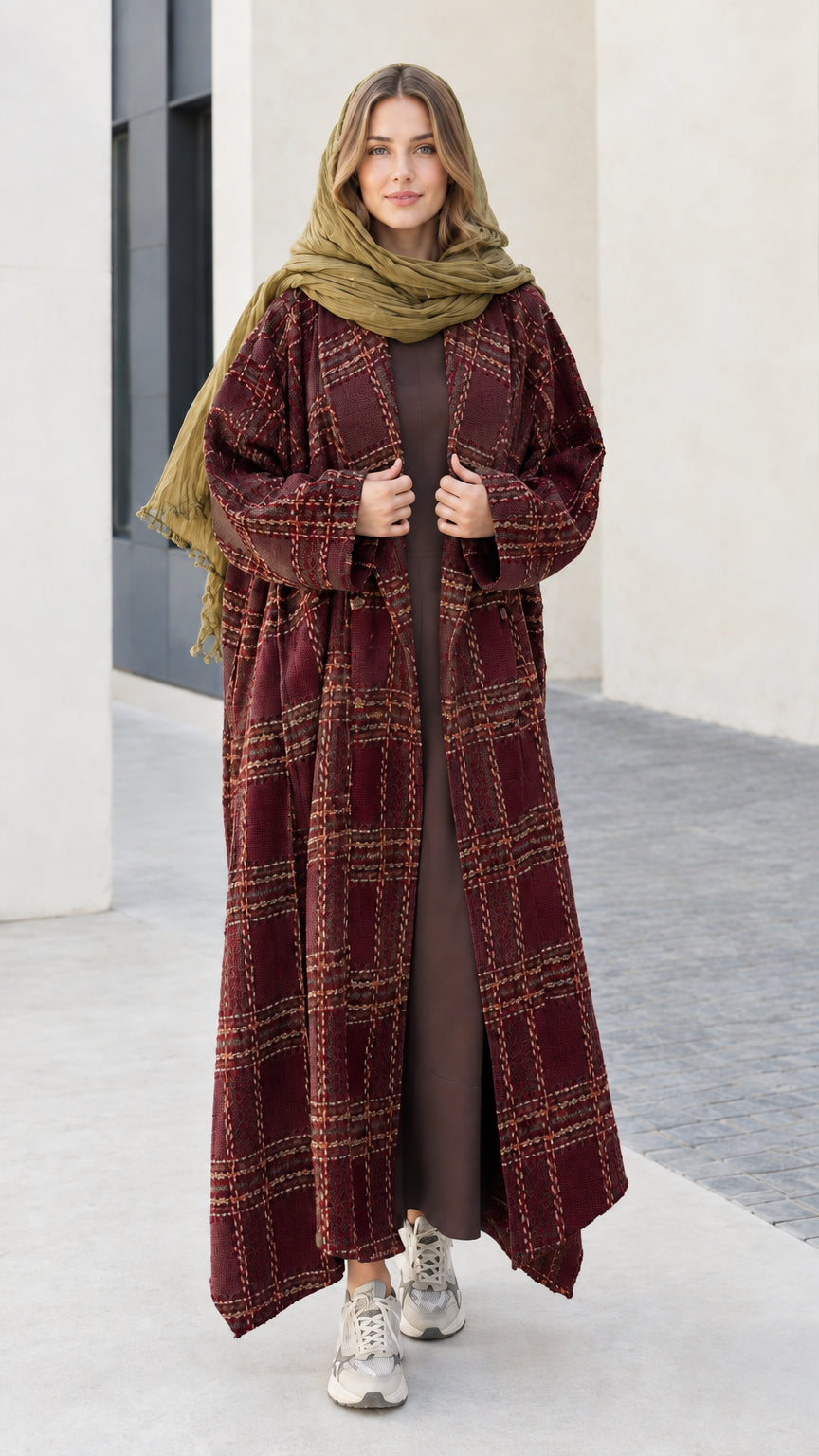 Full length view of burgundy wine red check maxi duster coat