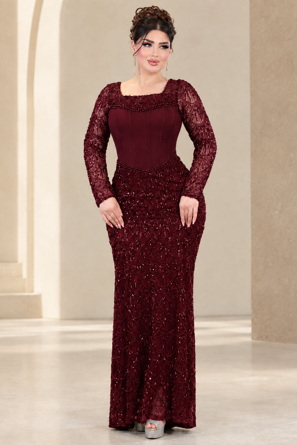 Burgundy wine long sleeve beaded corset evening gown front view