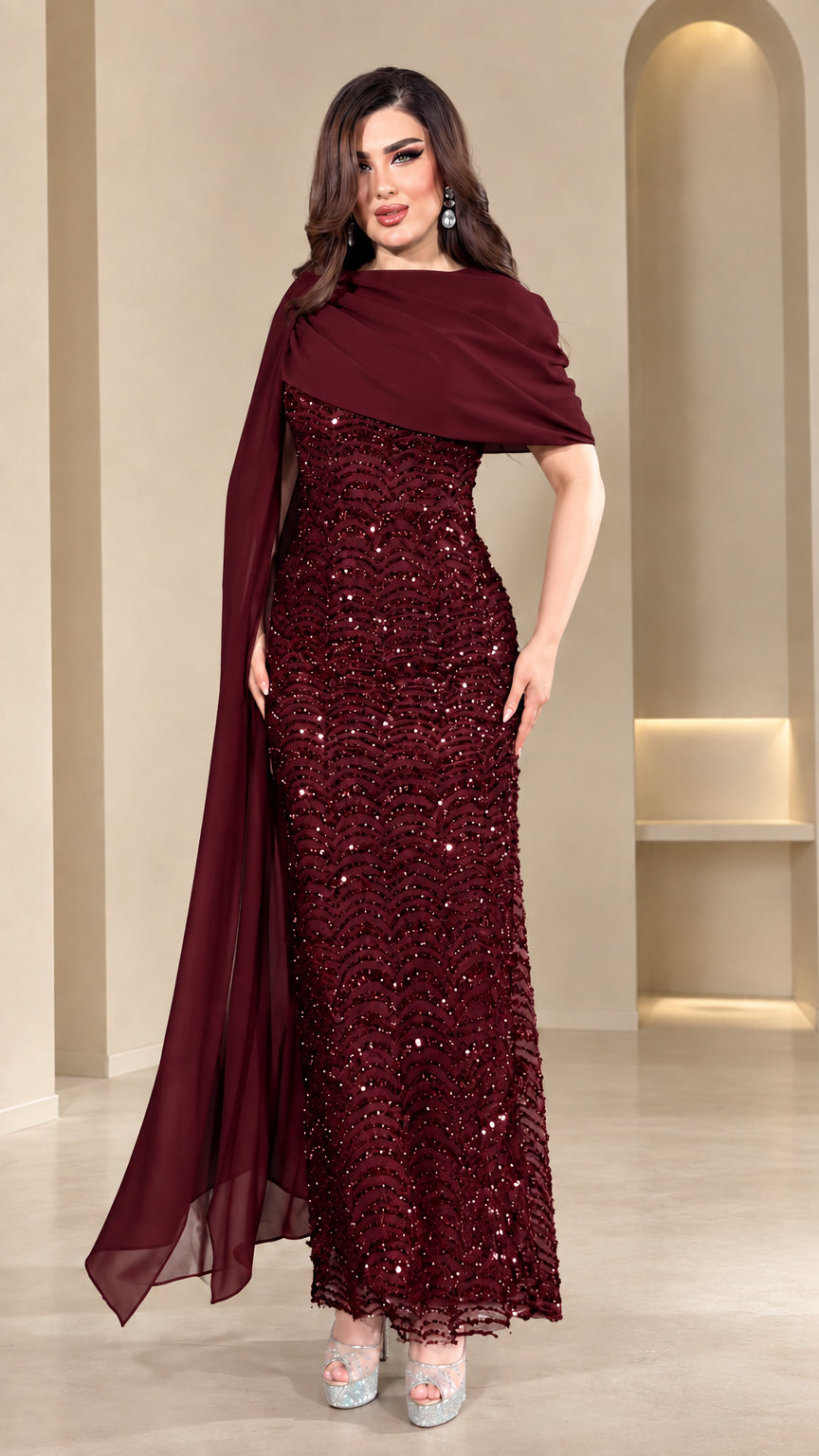 Burgundy wine sequin gown with asymmetrical chiffon wrap drape