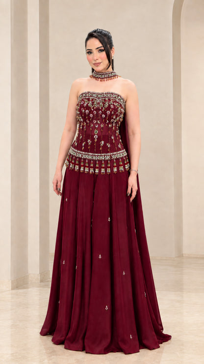Burgundy wine red embellished strapless formal dress with flowing skirt
