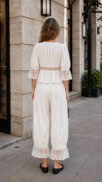 Back view of cream lace trim blouse and wide leg pant set