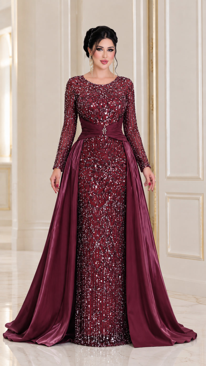 Burgundy wine red sequined evening gown with ruched satin overskirt