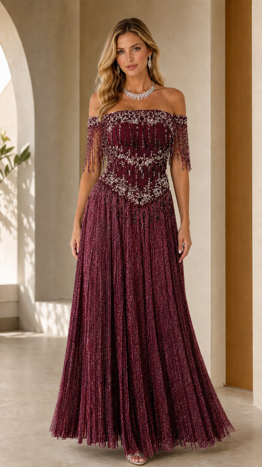 Burgundy wine off-the-shoulder pleated corset formal dress