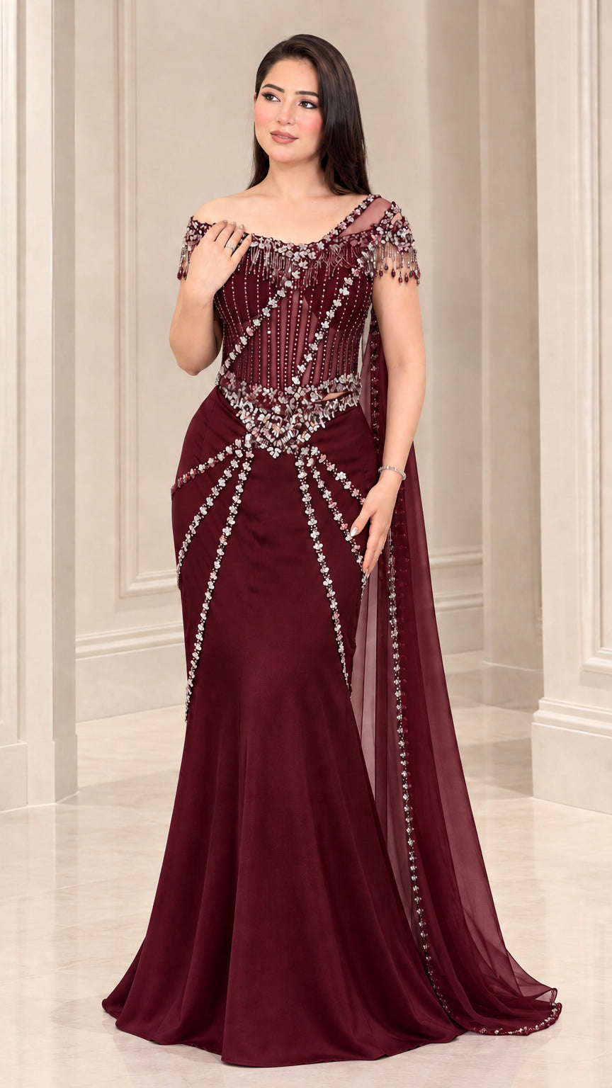 Full-length view of Burgundy red beaded mermaid evening dress with flowing drape