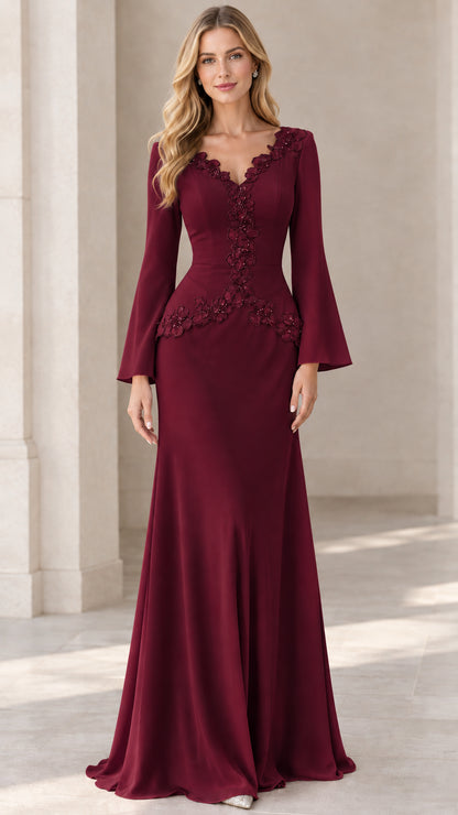 Burgundy wine formal evening dress with beaded lace trim and bell sleeves