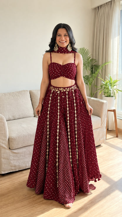 Maroon bandhani print 3-piece lehenga choli festive set
