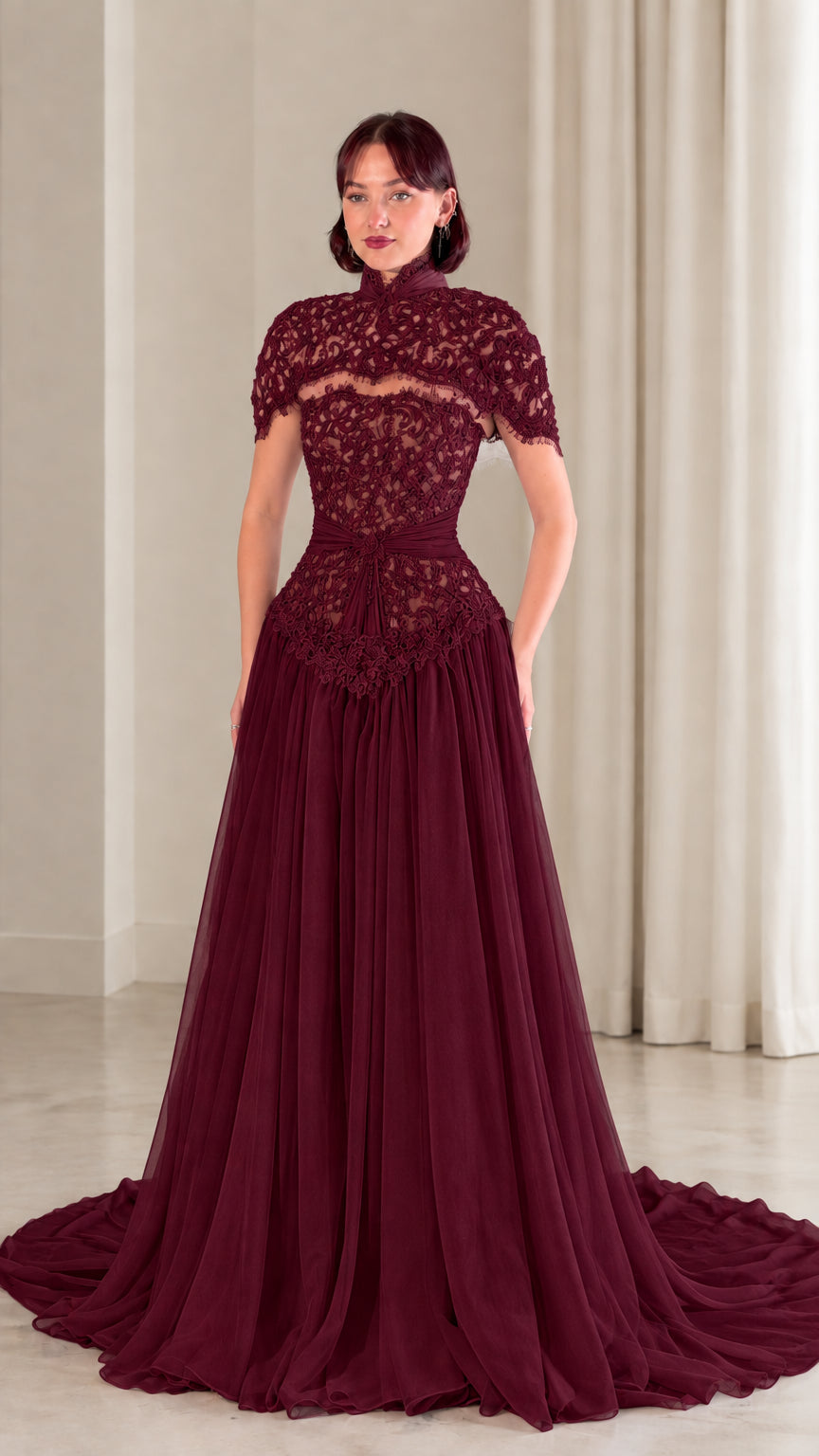 Burgundy wine high neck lace capelet evening gown