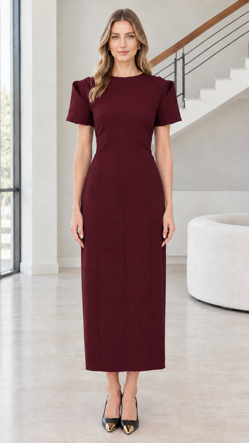 Front view of woman wearing Burgundy short sleeve column maxi dress