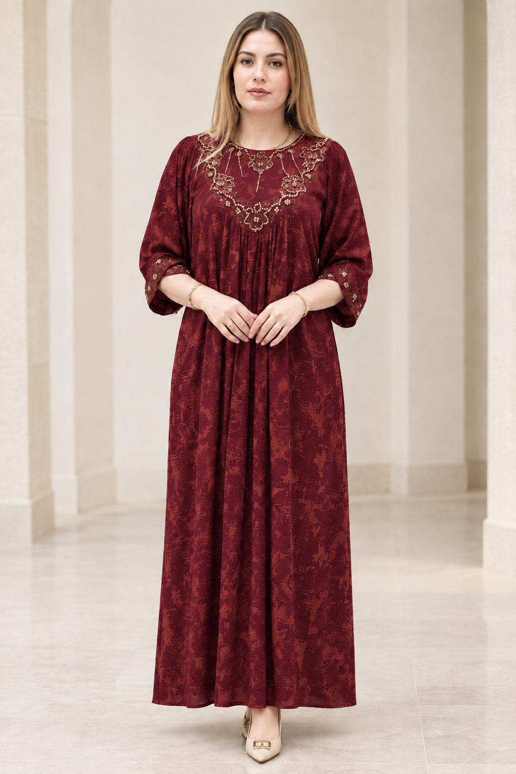 Full front view of Burgundy embroidered round-neck pleated maxi dress