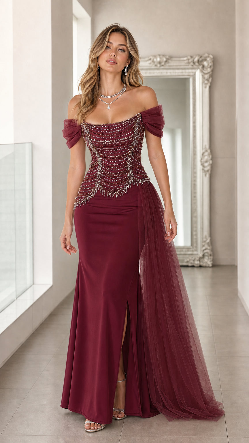 Burgundy wine off-the-shoulder beaded corset gown with cascading tulle