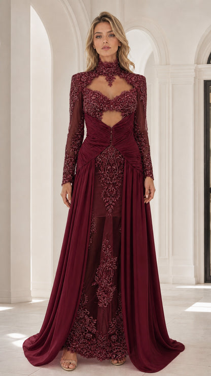 Front view of burgundy wine red beaded illusion evening dress with train