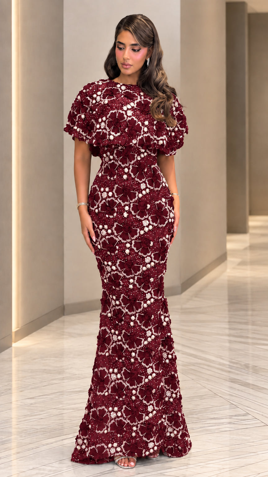 Full front view of burgundy wine red beaded floral floor-length evening gown