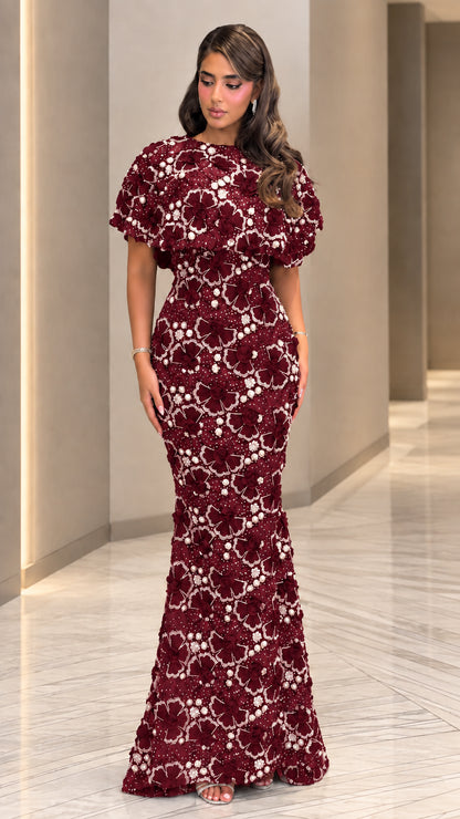 Full front view of burgundy wine red beaded floral floor-length evening gown
