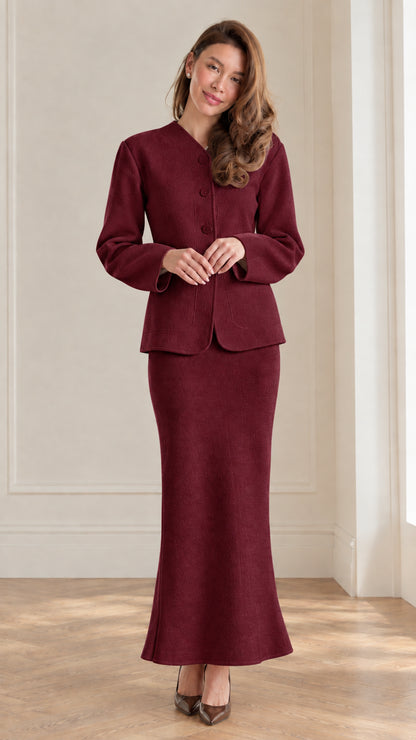 Full front view of women's burgundy wine red two-piece skirt suit set