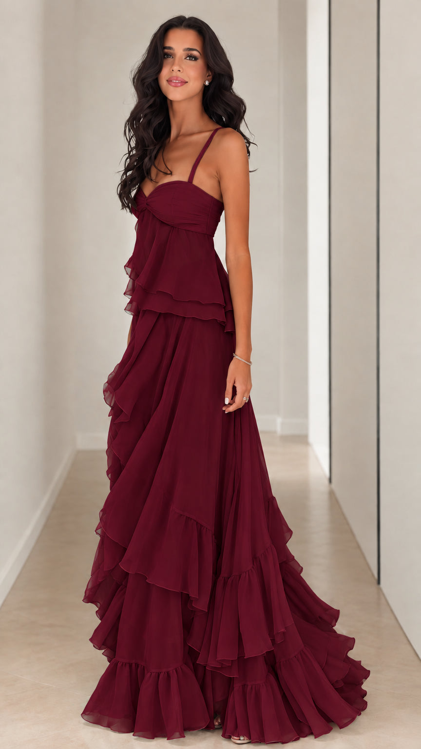 Front full-length view of model wearing Burgundy wine tiered ruffle maxi dress