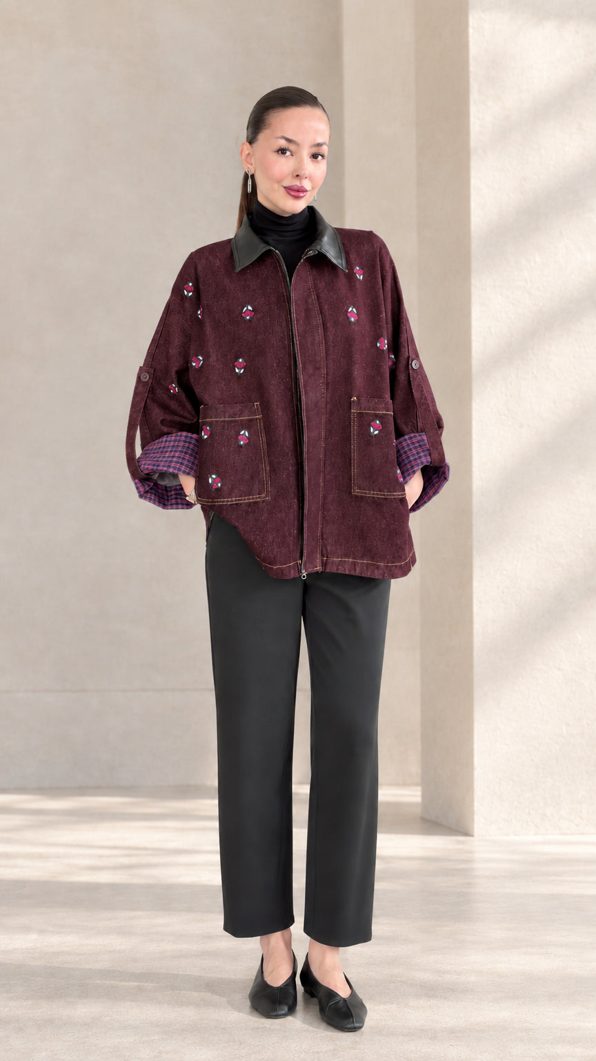 Burgundy wine embroidered jacket with contrast collar and relaxed fit