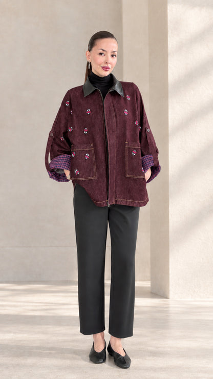 Burgundy wine embroidered jacket with contrast collar and relaxed fit
