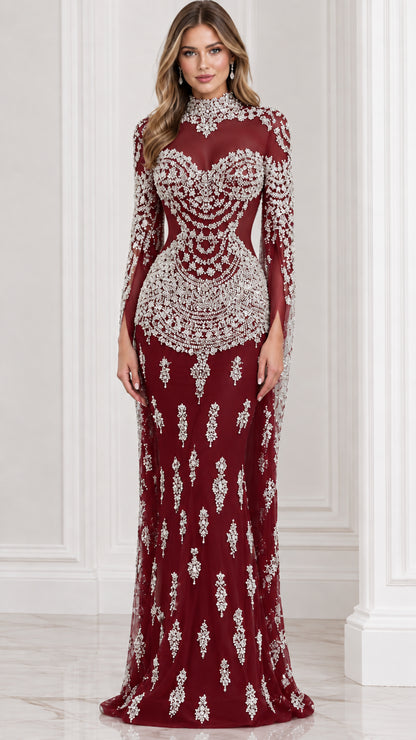Burgundy wine red crystal illusion formal maxi dress with cape sleeves