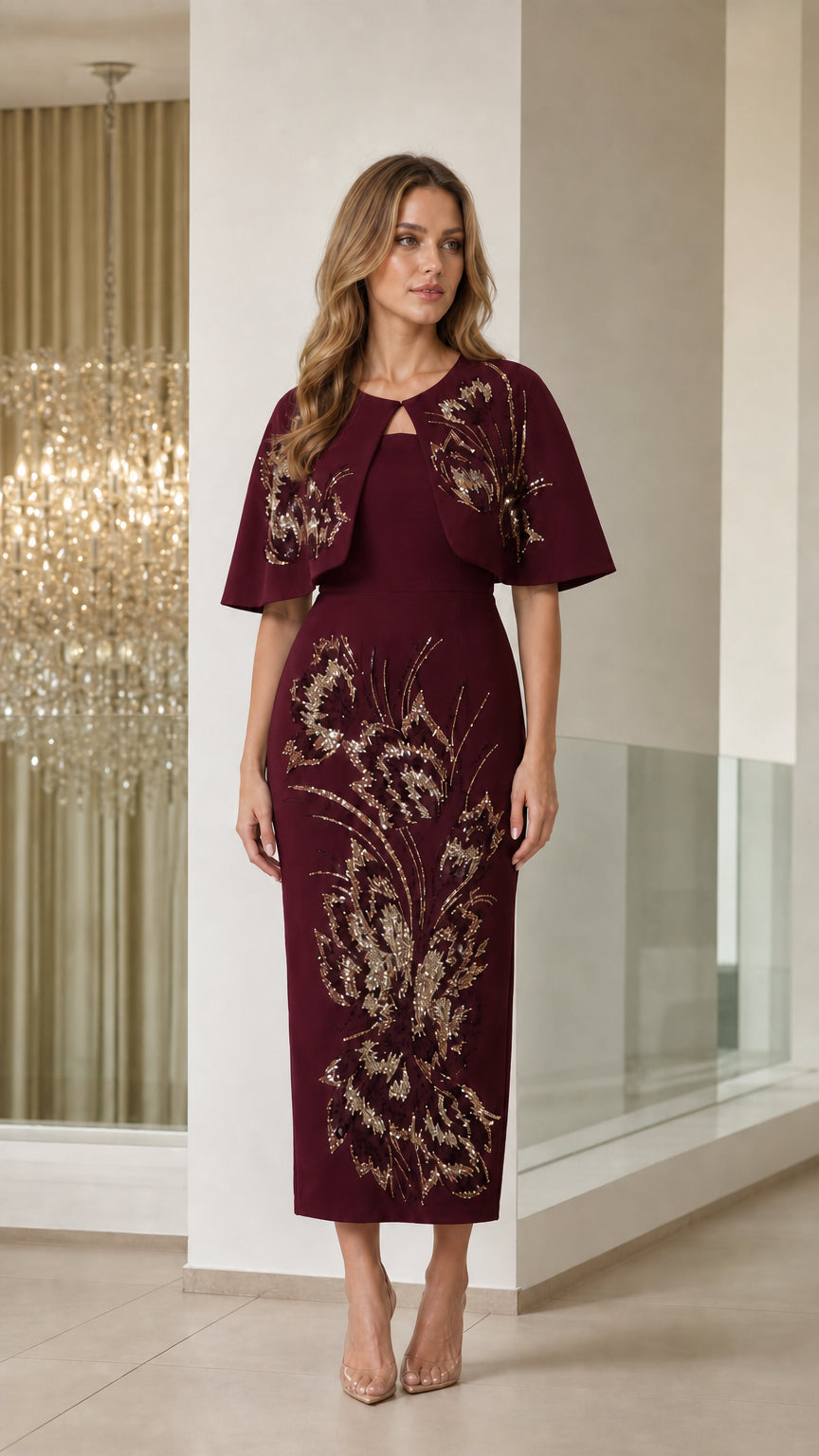 Burgundy wine sequin embroidered capelet midi evening dress