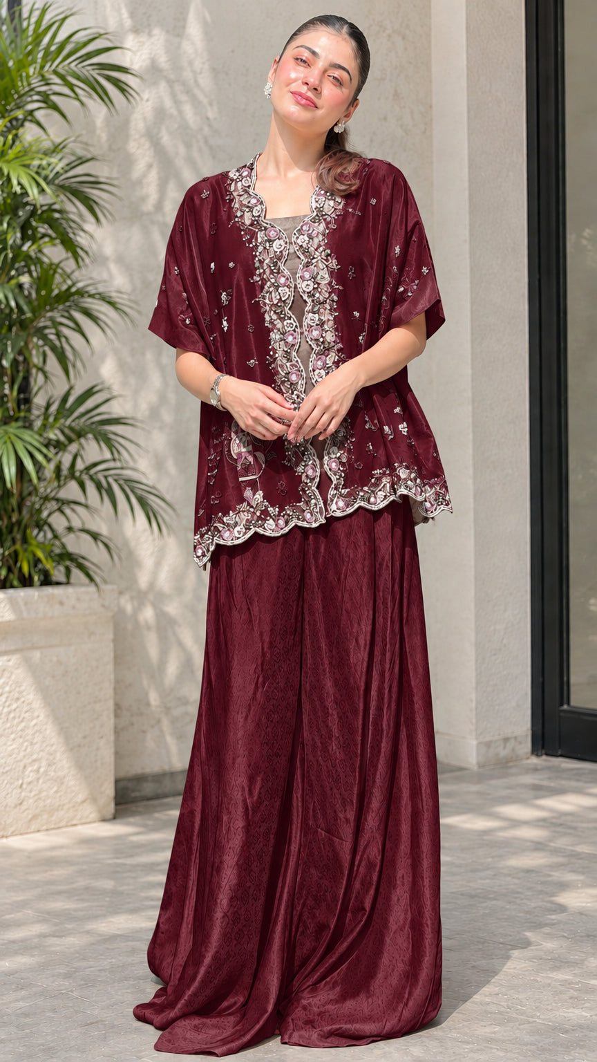 Burgundy wine embroidered party pant set for women