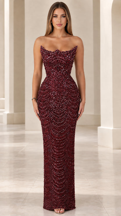 Burgundy wine red strapless beaded column evening dress