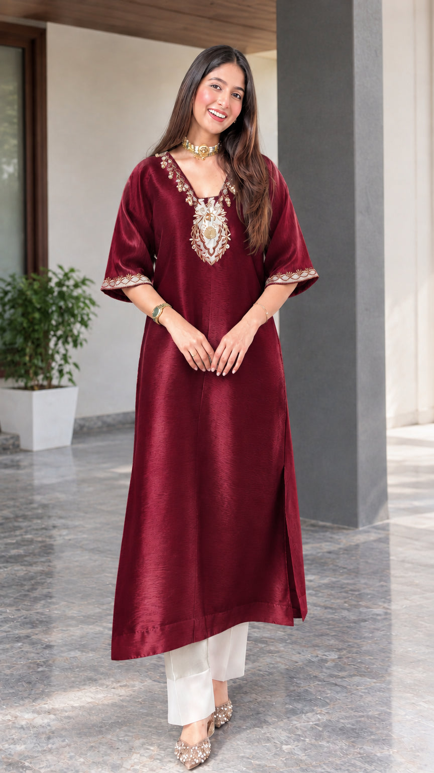 Front view of burgundy wine red embroidered silk blend tunic kurta
