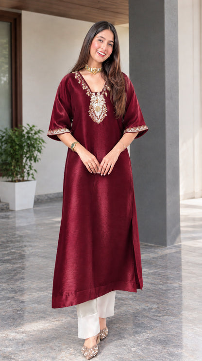 Front view of burgundy wine red embroidered silk blend tunic kurta