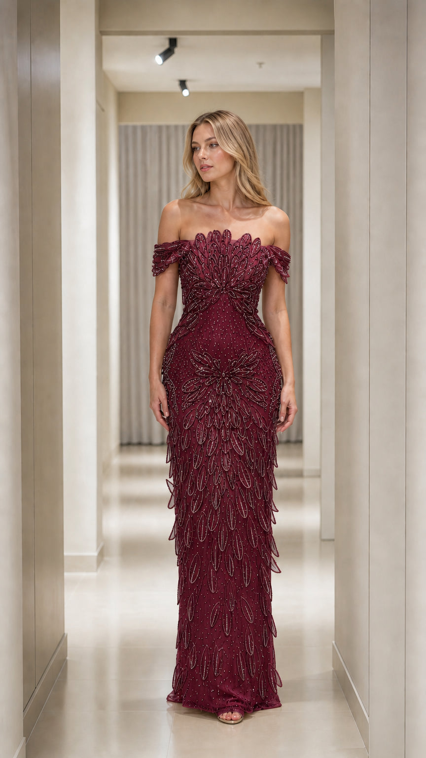 Burgundy wine red off-the-shoulder beaded gala gown with cascading texture