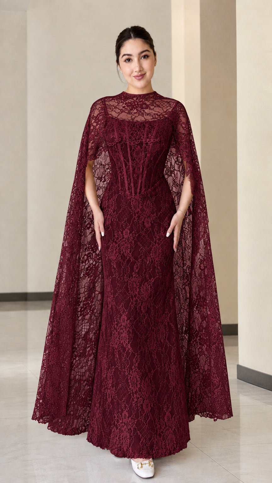 Burgundy wine red lace corset dress with matching floor-length cape