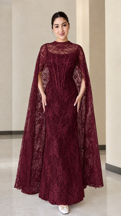 Burgundy wine red lace corset dress with matching floor-length cape