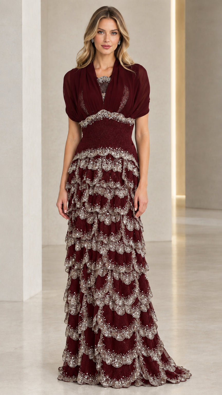 Burgundy floor-length tiered scalloped evening dress