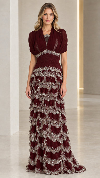 Burgundy floor-length tiered scalloped evening dress