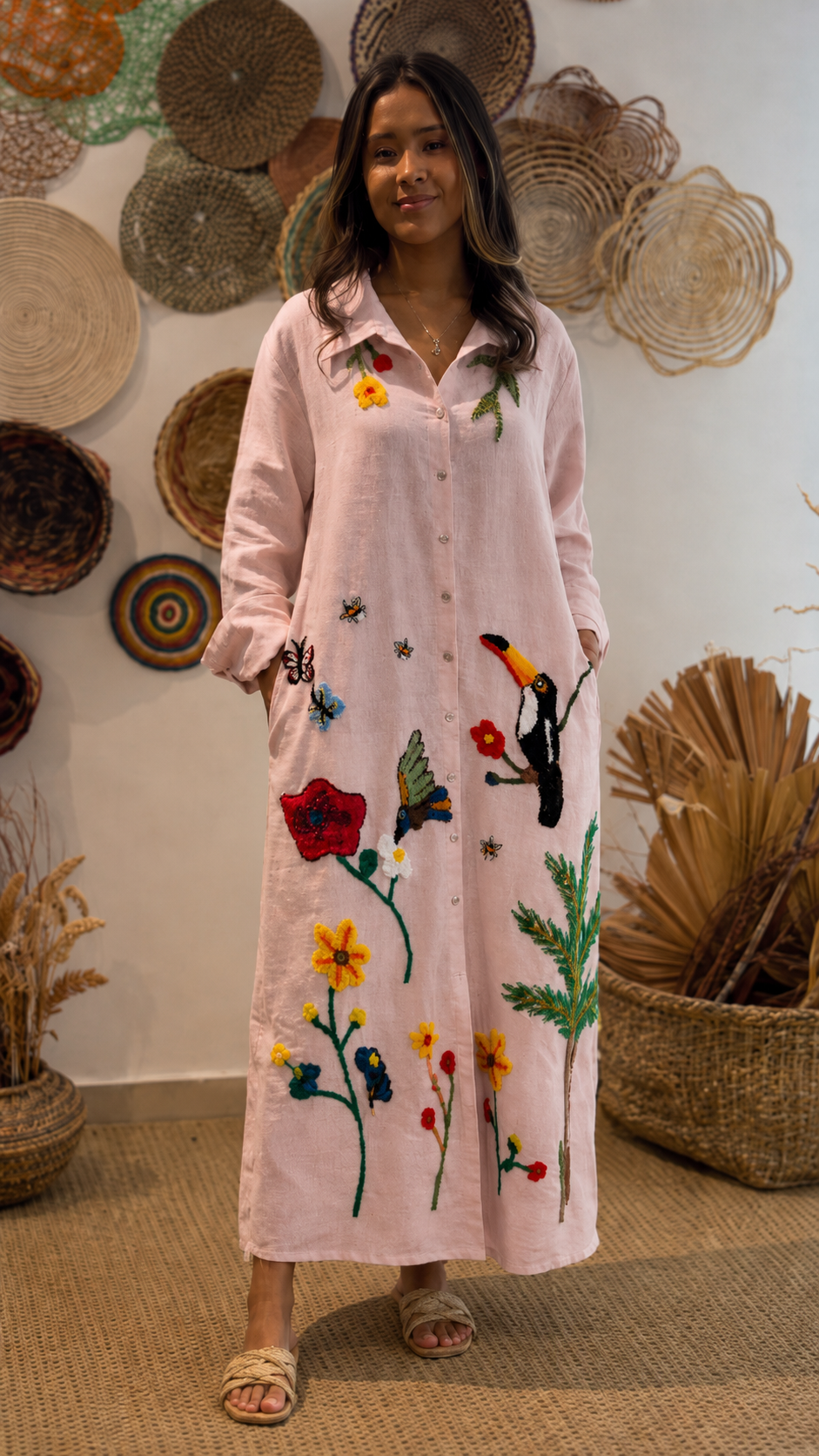 Blush pink embroidered button-front maxi dress with long sleeves