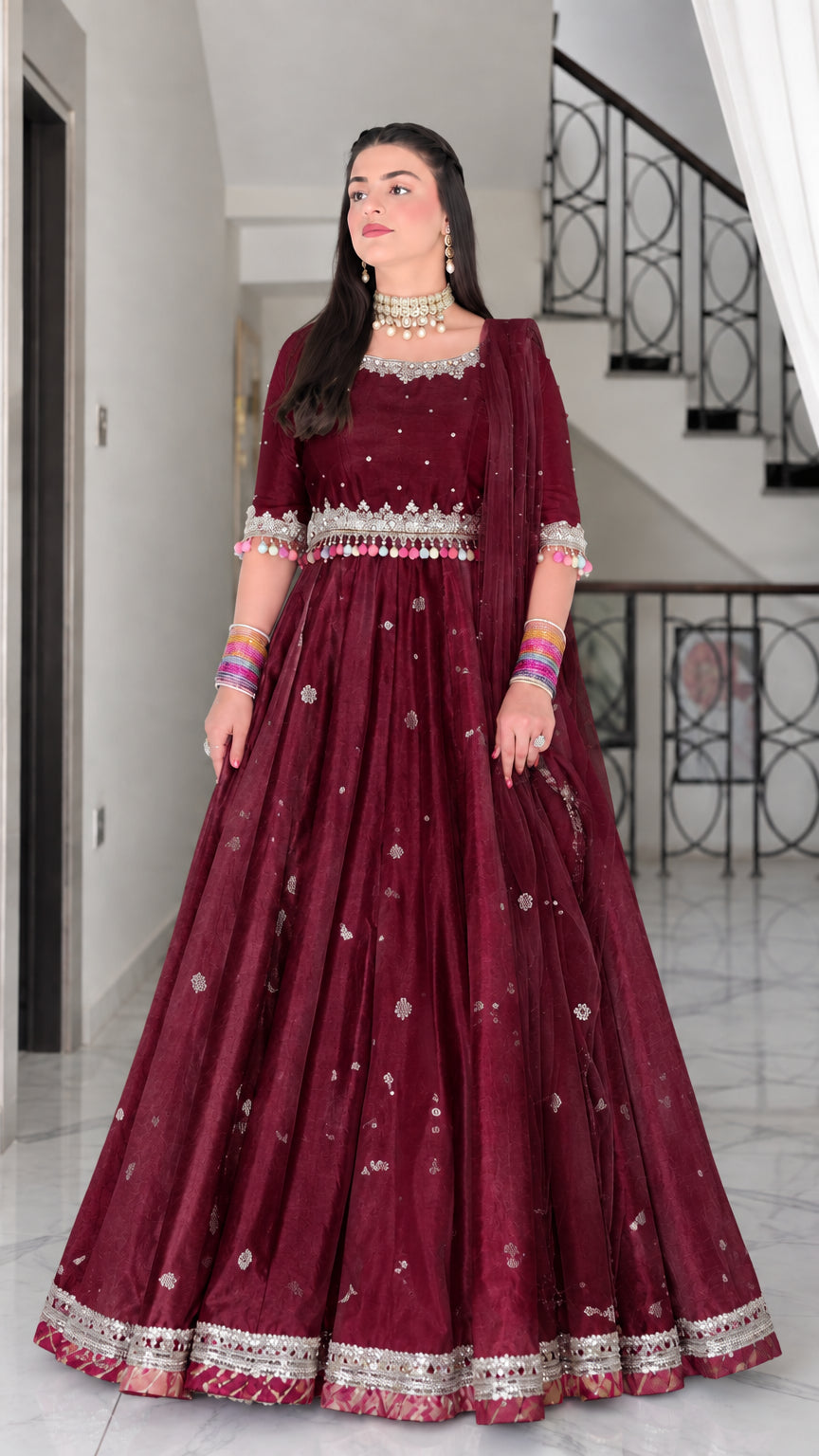Women's deep maroon monochrome embellished floor-length Anarkali gown