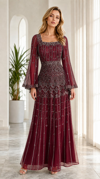 Model wearing burgundy wine sequin embellished formal maxi dress