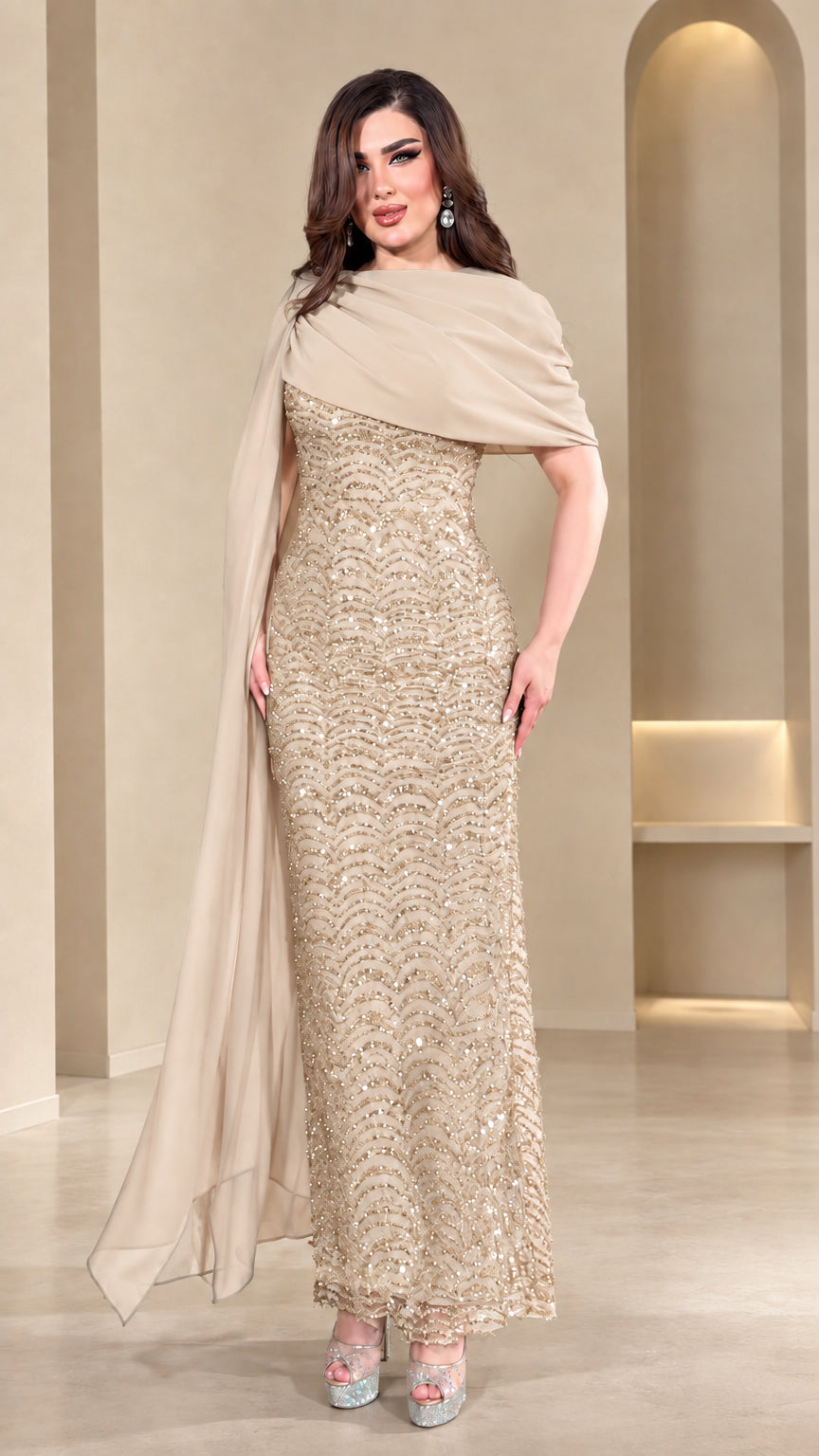 Champagne beige shimmering sequin evening gown with sheer chiffon cape
