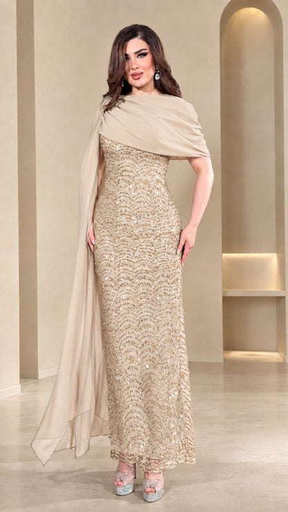 Champagne beige shimmering sequin evening gown with sheer chiffon cape
