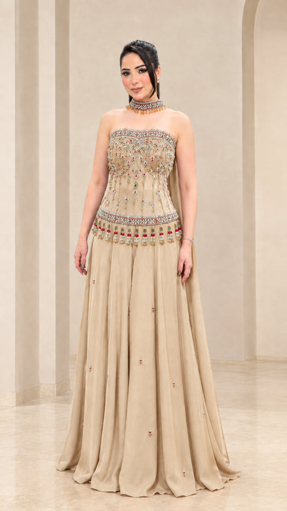 Champagne beige strapless beaded evening dress with floor-length silhouette