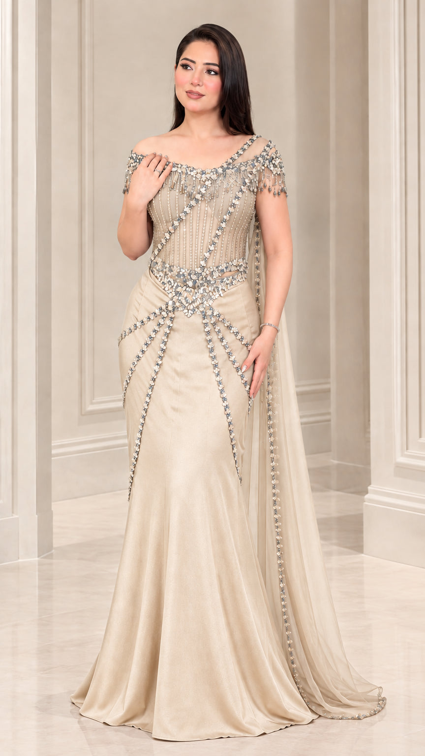 Full-length view of Champagne gold embellished mermaid evening gown